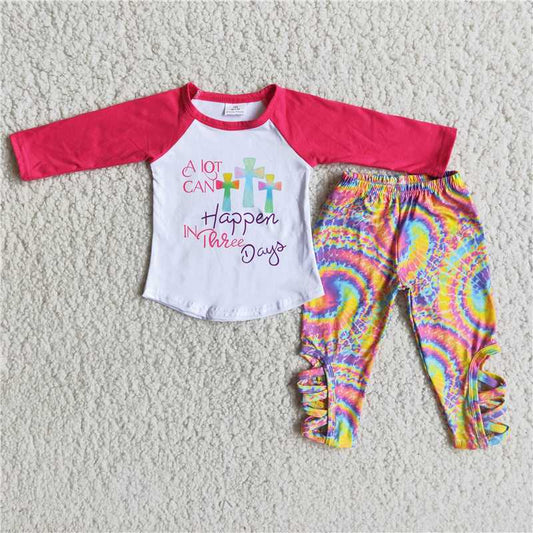 6 A28-26 Easter Baby Girl Cross Tie Dye Pants Outfit