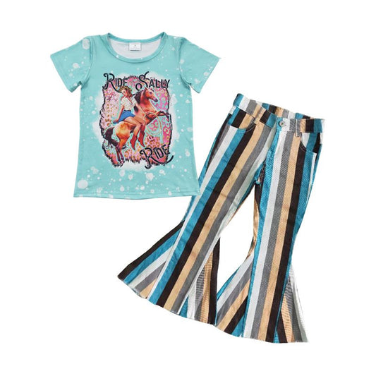 Baby Girl Western Rodeo Shirt Striped Denim Jeans Pants Outfit