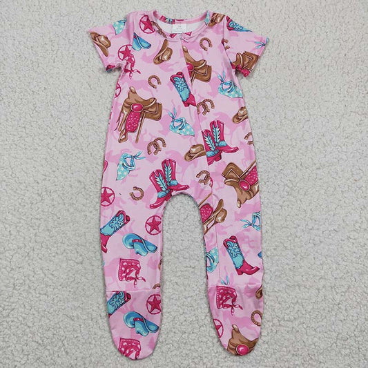 SR0194 Baby Kids Western Boots Short Sleeles Zipper Romper Footed Coverall