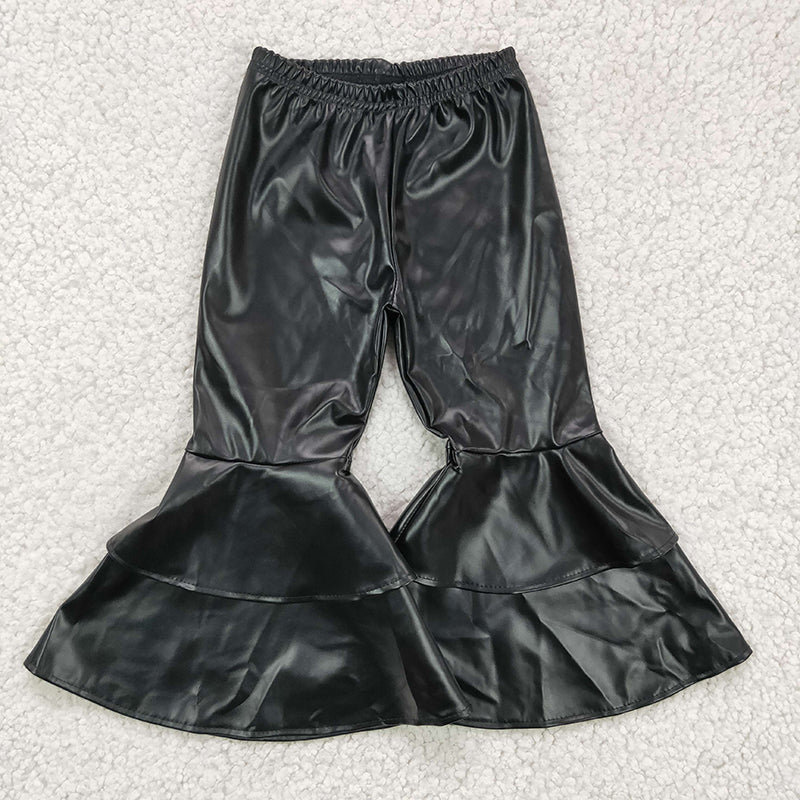 P0034 Baby Girl Black Leather Bell Bottom Pants