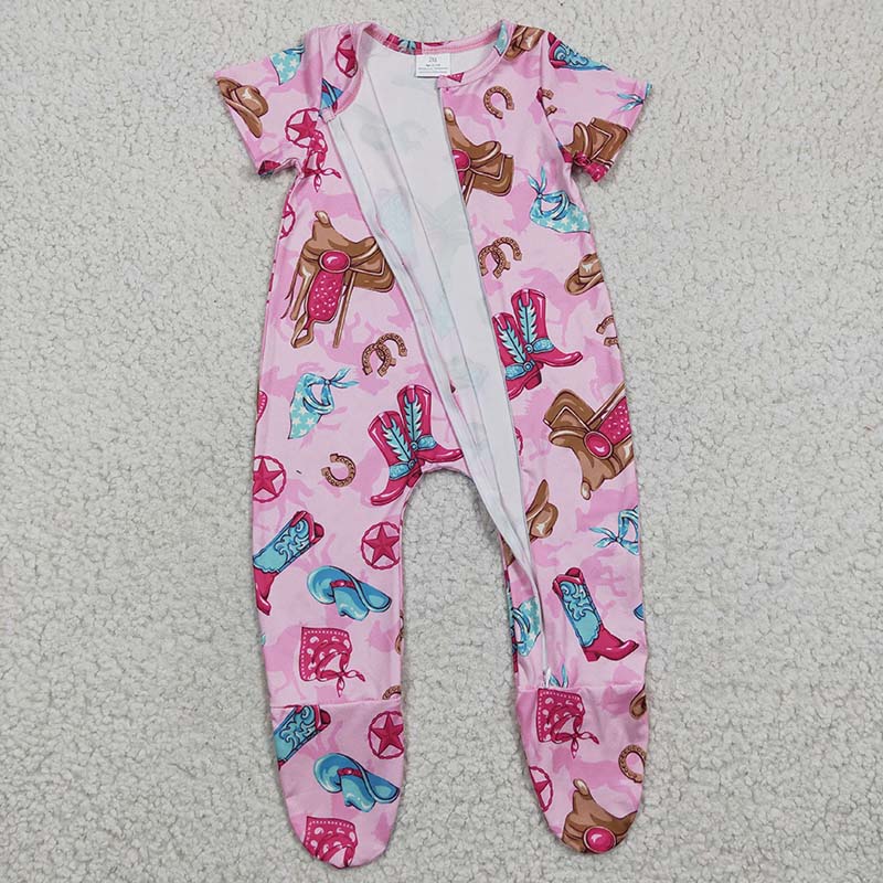 SR0194 Baby Kids Western Boots Short Sleeles Zipper Romper Footed Coverall