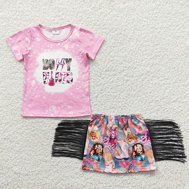 GSD0317 Baby Girl Western Music Pink Short Sleeves Shirt Tassel Skirt Summer Outfit