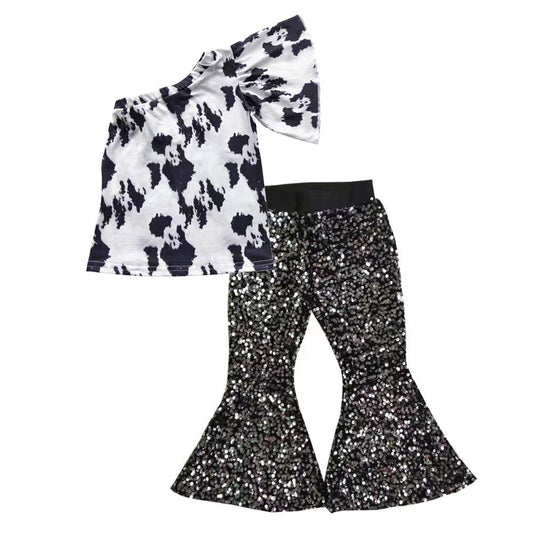 Baby Girl Kids One Shoulder Cow Print Top Black Sequins Pants Western Outfit