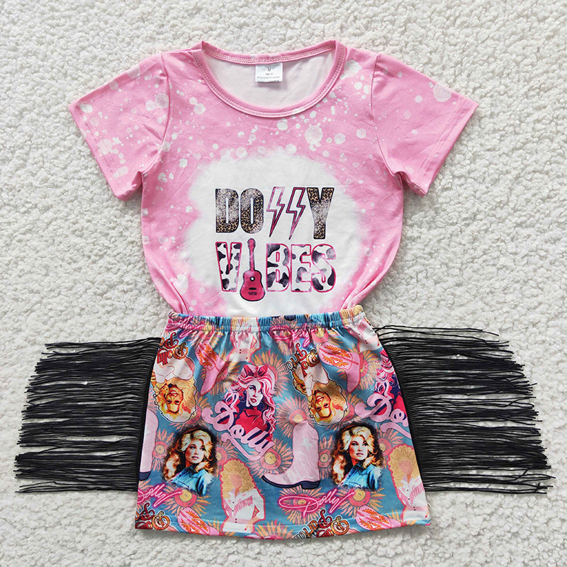 GSD0317 Baby Girl Western Music Pink Short Sleeves Shirt Tassel Skirt Summer Outfit