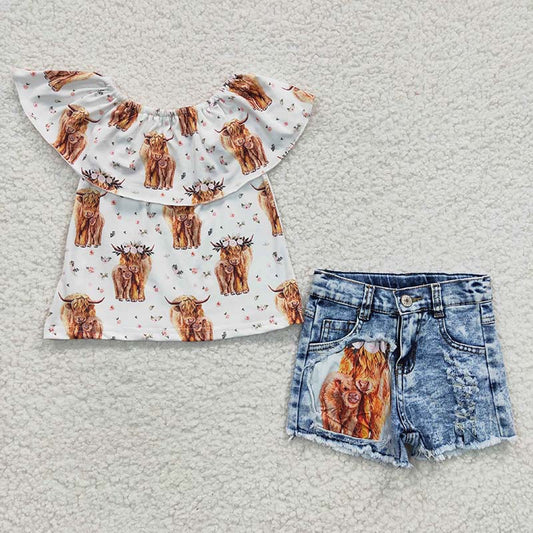 Baby Girl Western Cow Flower Top Denim Shorts Outfit