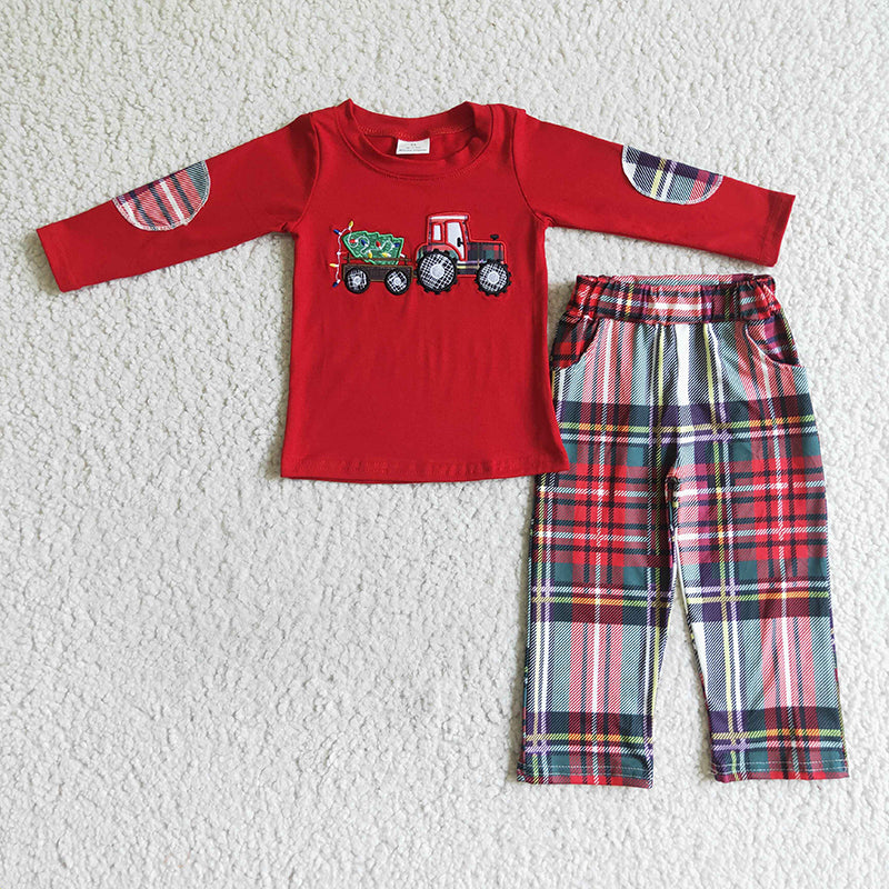 GLP0063 Boy Girl Christmas Embroidery Plaid Pants Outfit