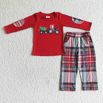 BLP0013 Boy Christmas Embroidery Plaid Pants Outfit