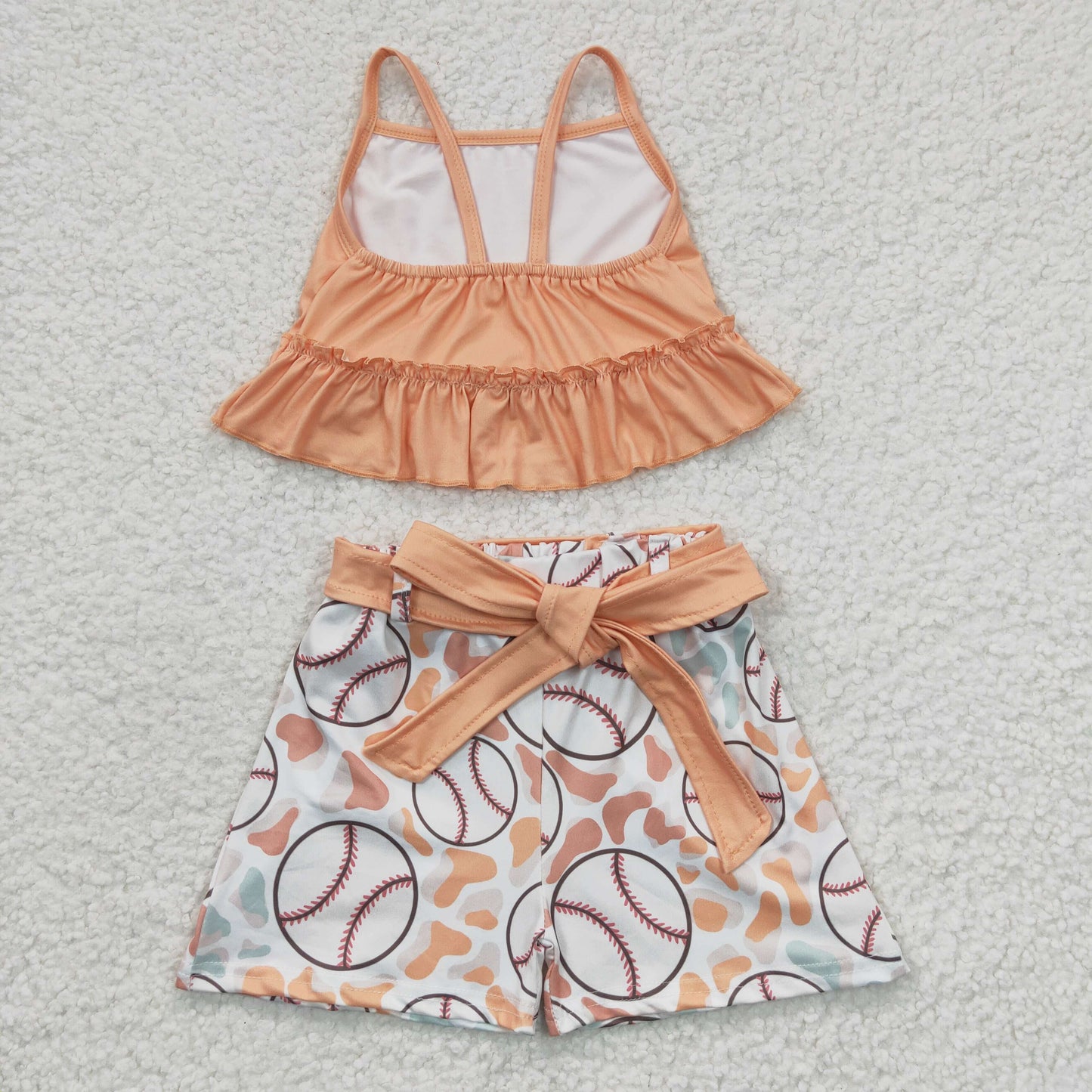 GSSO0172 Baby Girl Halter Top Baseball Belt Shorts Summer Outfit