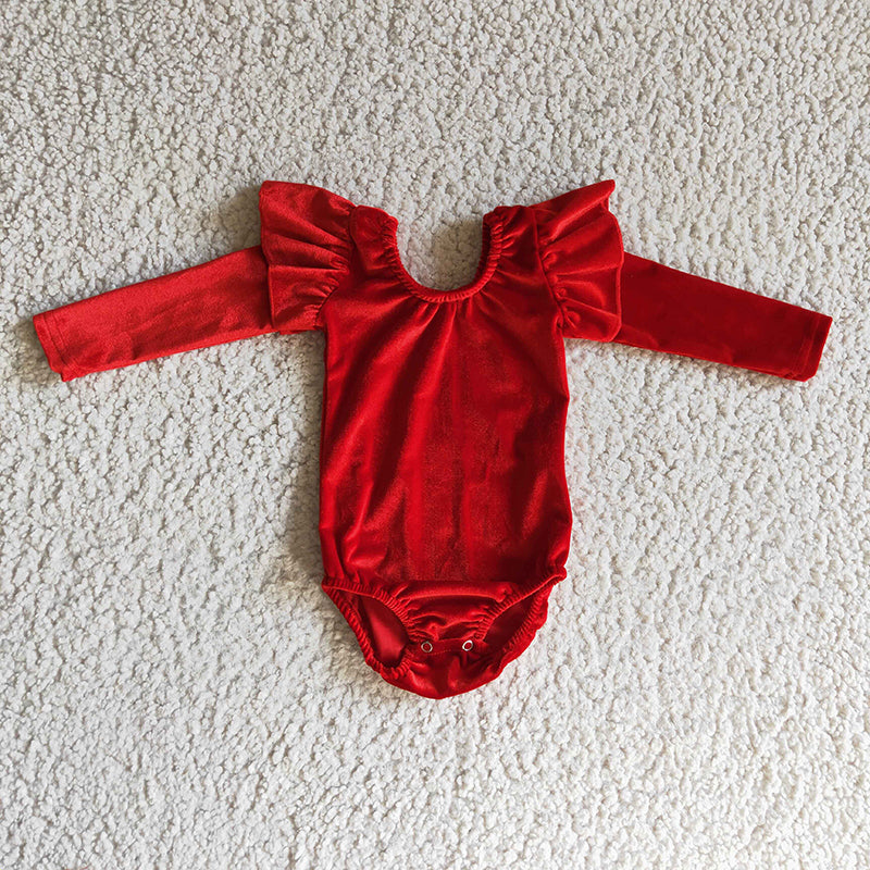 LR0209 Baby Girl Red Velvet Long Sleeve Leotard Romper