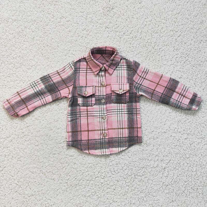 GT0094 Baby Girl Kids Plaid Cotton Pocket Flannel Pink Button Up Shirt