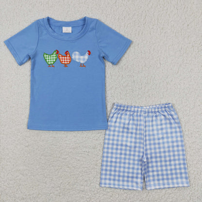 BSSO0201 Baby Boy Short Sleeves Embroidery Chicken Shirt Plaid Shorts Summer Blue Outfit