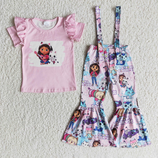 E11-29 Baby Girl Short Sleeves Cartoon Shirt Overalls Pants Set