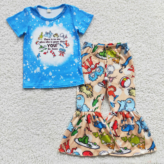 GSPO0527 Baby Girl Blue Short Sleeves Shirt Bell Pants Outfit