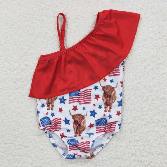 S0101 Baby Girl July 4th Western Cow One Piece Summer Swimsuit