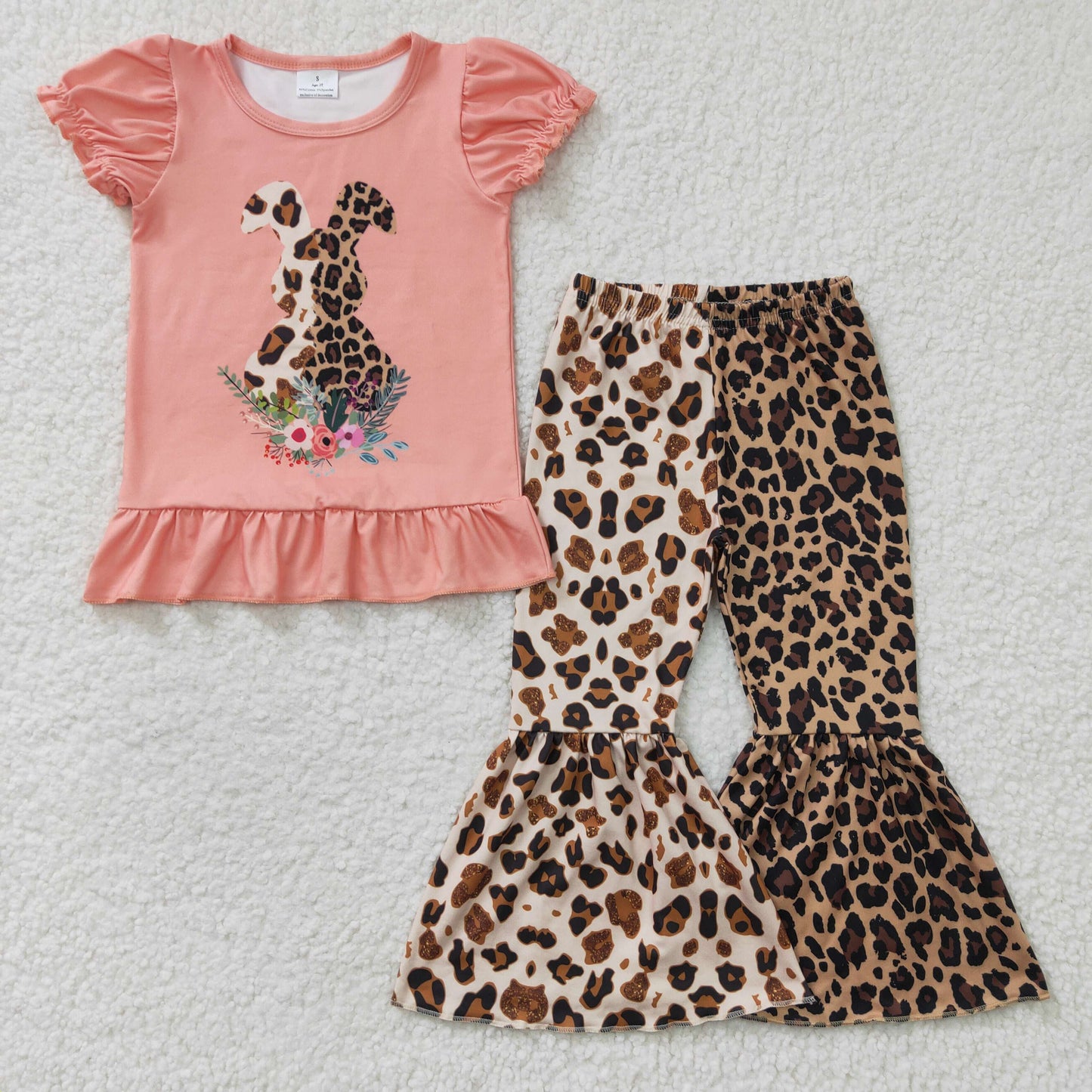 GSPO0261 Baby Girl Easter Short Sleeves Rabbit Bunny Shirt Leopard Bell Pants Outfit