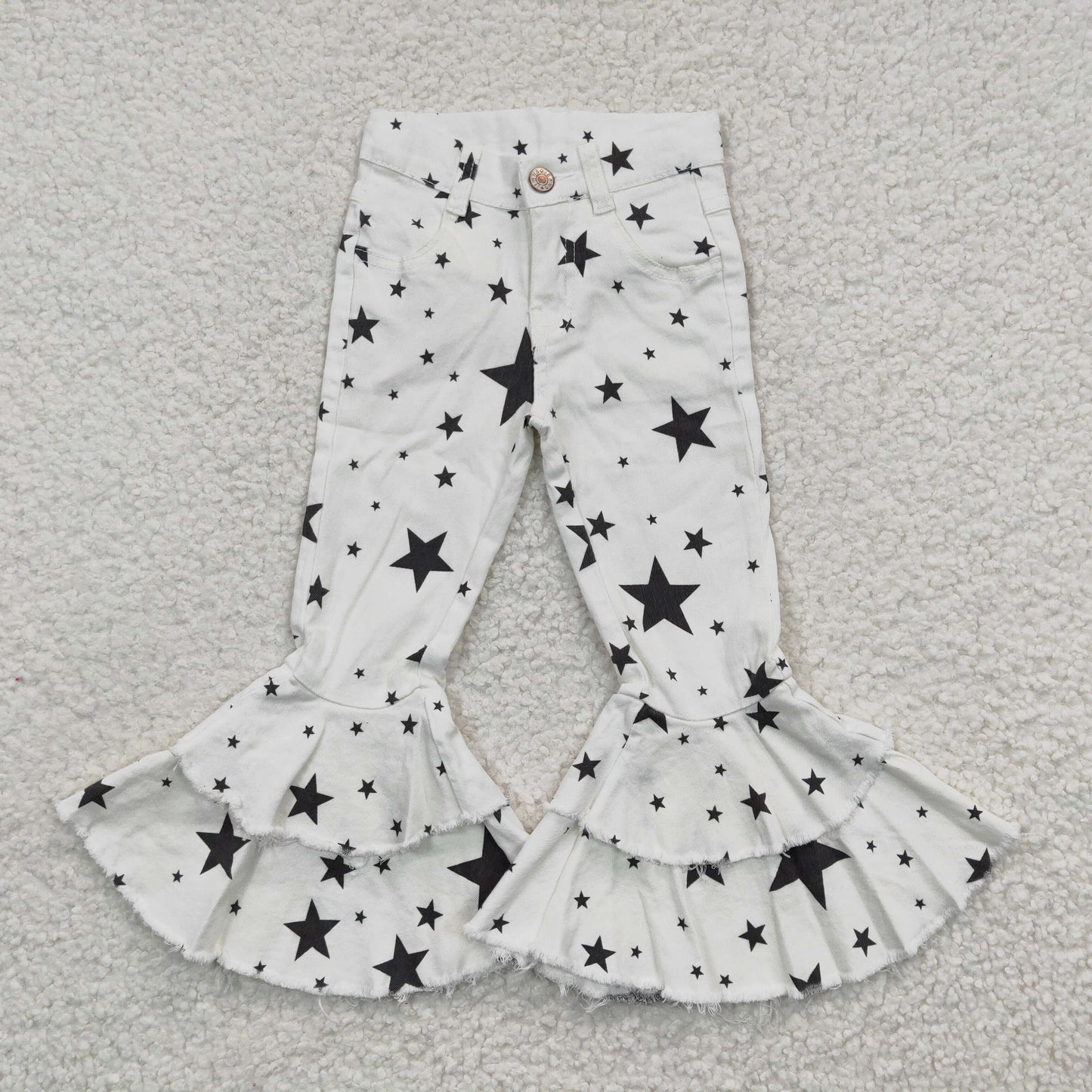 P0068 Baby Girl Stars Denim Double Ruffle Jeans Bell Pants