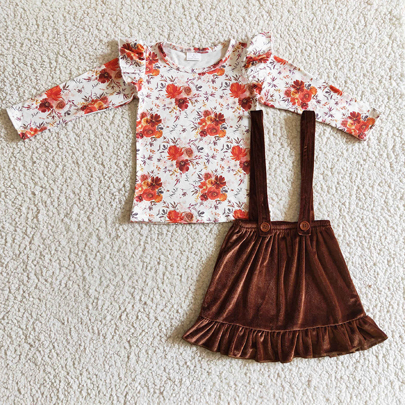 GLD0141 Baby Girl Kids Suspender Floral Velvet Skirt Outfit