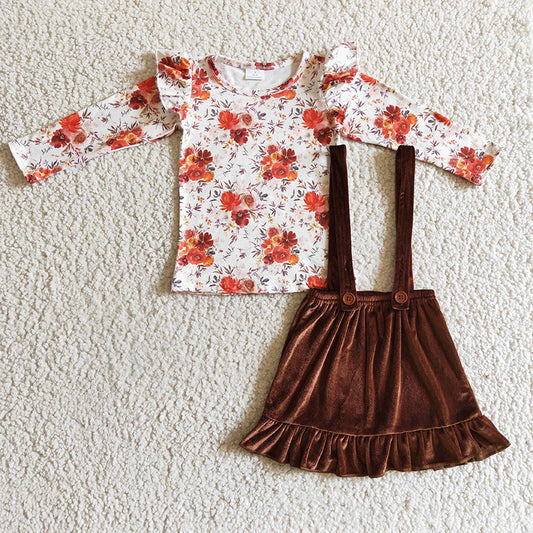 GLD0141 Baby Girl Kids Suspender Floral Velvet Skirt Outfit