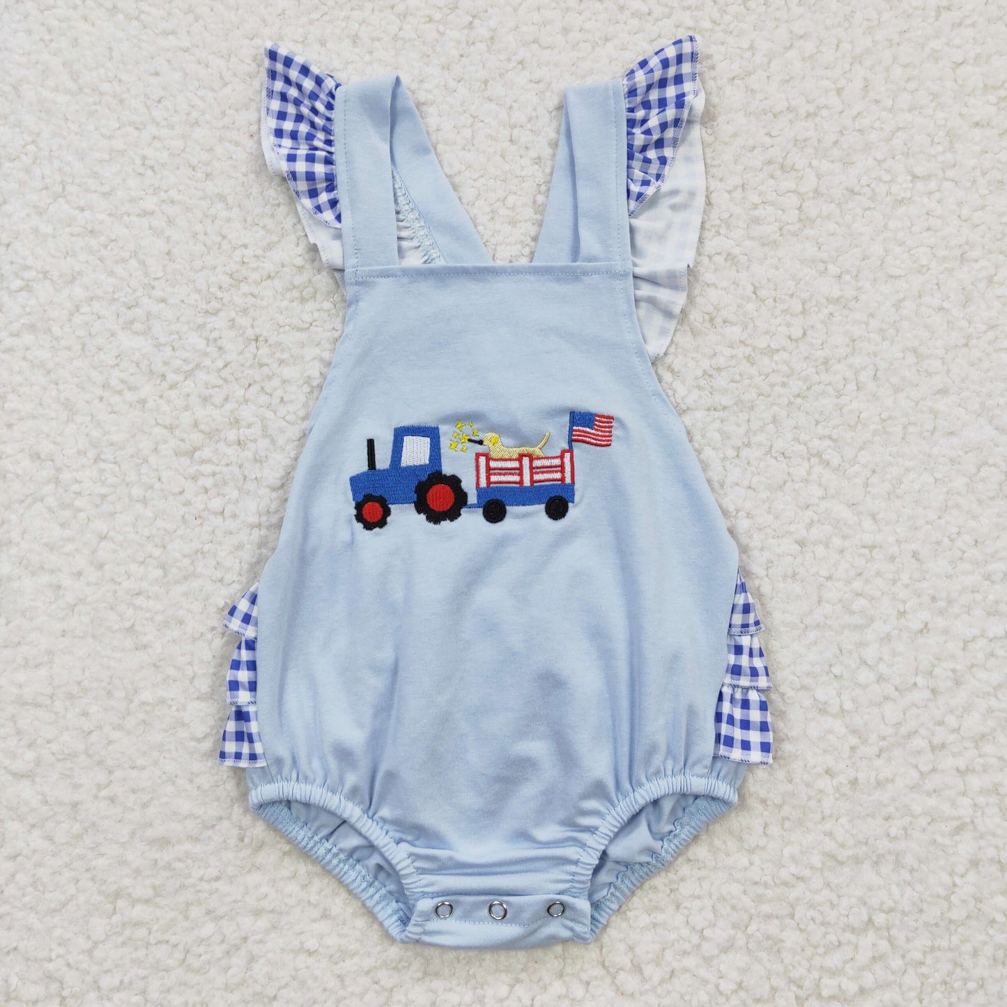 SR0274 Baby Girl July 4th Summer Tractor Dog Embroidery Romper