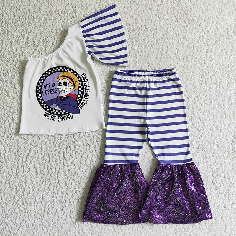 GSPO0178 Baby Girl Halloween Purple Sequins Pants Outfit