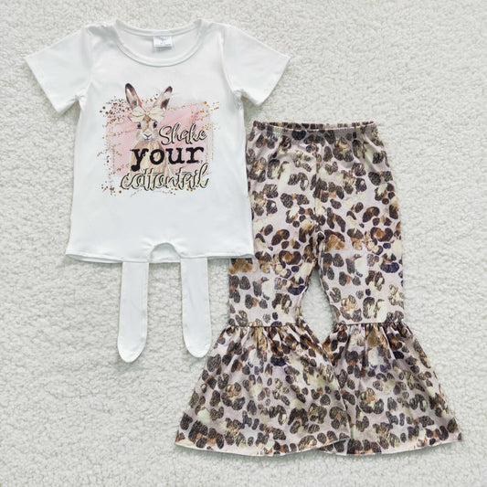 GSPO0354 Baby Girl Easter Short Sleeves Rabbit Bunny Shirt Leopard Bell Pants Outfit
