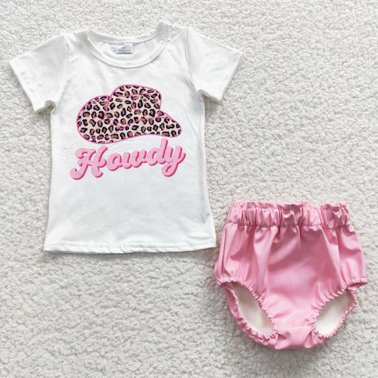 Western Baby Girl Short Sleeves Howdy Shirt Pink Leather Bummie Summer Outfit