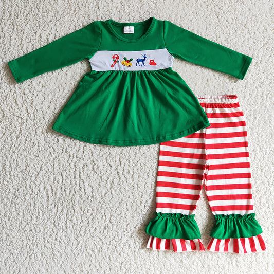 GLP0166 Baby Girl Christmas Embroidery Green Outfit Pajamas