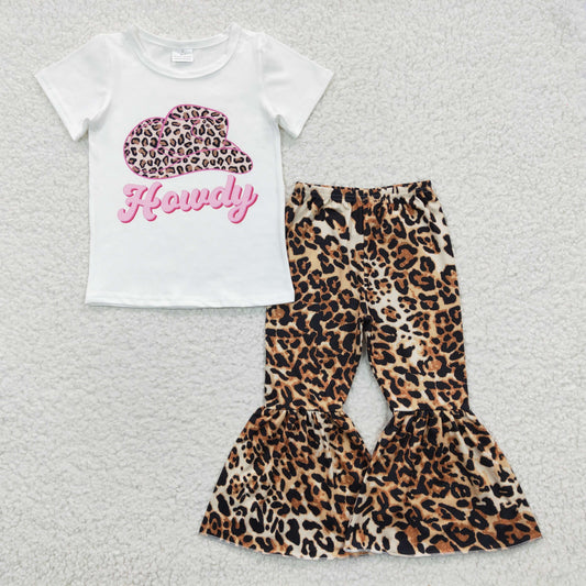 Baby Girl Western Short Sleeves Howdy Hat Shirt Leopard Bell Pants Oufit