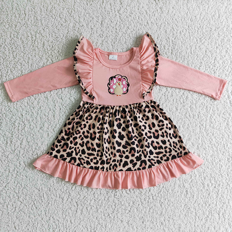 GLD0088 Thanksgiving embroidery turkey Pink Leopard Dress