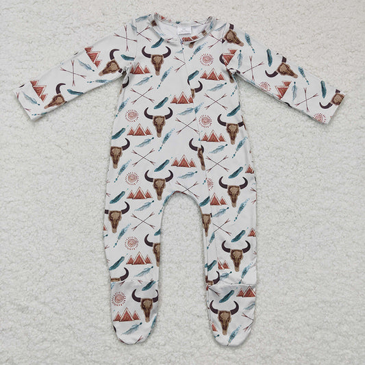 LR0223 Baby Kids Newborn Western Cow Zipper Romper Footed Coverall