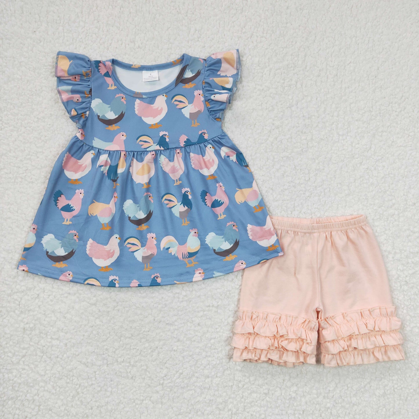GSSO0168 Baby Girl Short Sleeves Chicken Ruffle Cotton Shorts Outfit