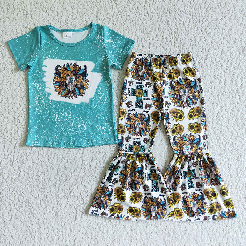 GSPO0073 Baby Girl Western Cow Sunflower Pants Outfit