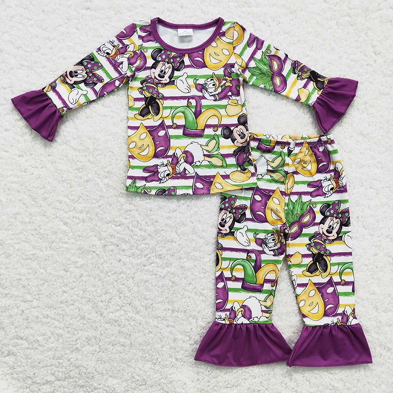 GLP0344 Baby Girl Mardi Gras Cartoon Pajamas Outfit