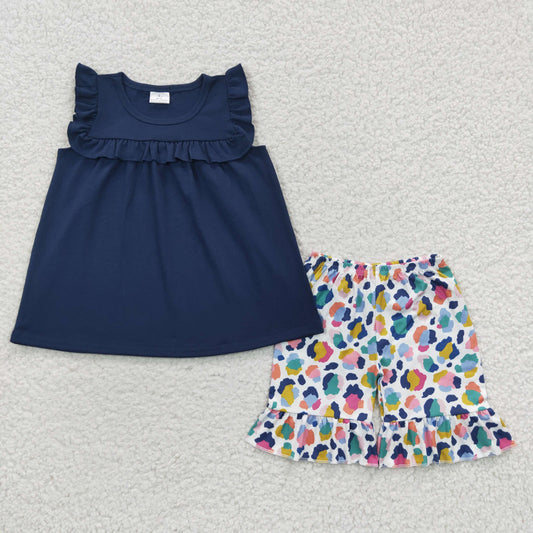 GSSO0298 Baby Girl Summer Navy Blue Cotton Top Leopard Shorts Outfit