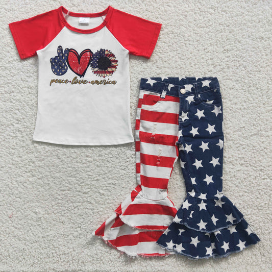 Baby Girl July 4th Short Sleeves Shirt Striped Star Denim Pants Jeans Outfit