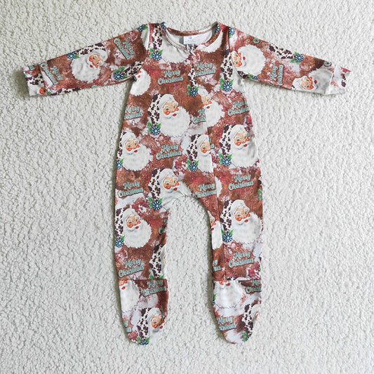 LR0176 Christmas Santa Western Cow Print Footed Romper