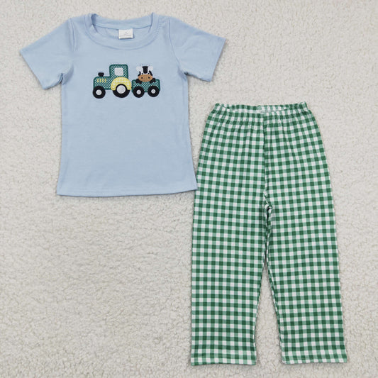 BSPO0089 Baby Boy Embroidery Tractor Cow Short Sleeves Cotton Shirt Green Plaid Pants Outfit Pajamas
