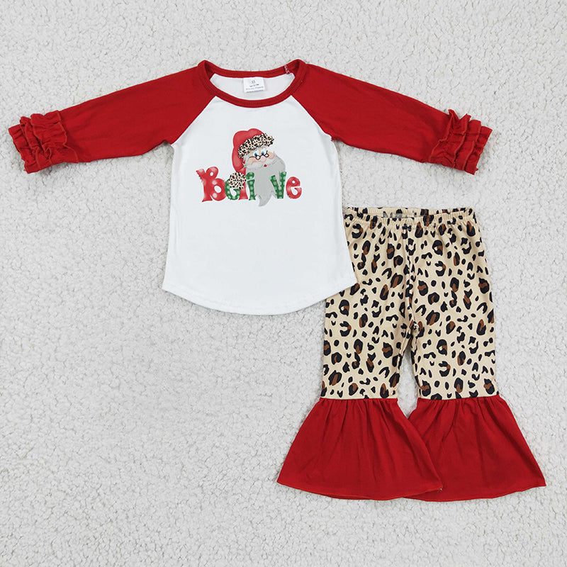 6 A19-27 Baby Girl Kids Christmas Believe Santa Bell Pants Outfit