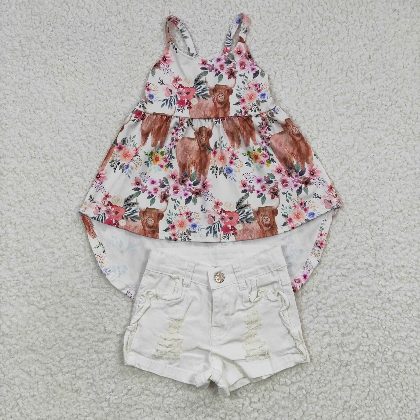 Baby Girl Kids Western Cow Floral Top Black Denim Shorts Outfit