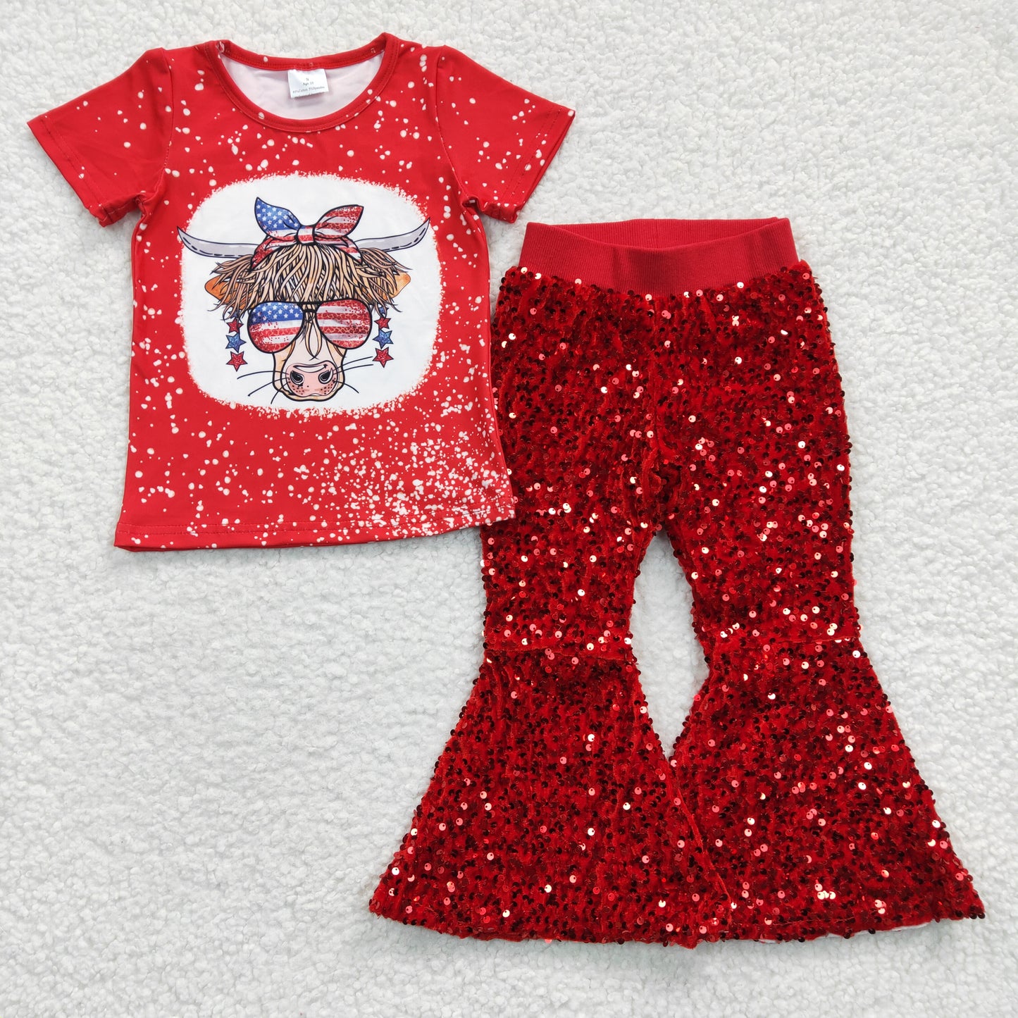 July 4th Baby Girl Western Cow Short Sleeves Shirt Red Sequins Pants Outfit