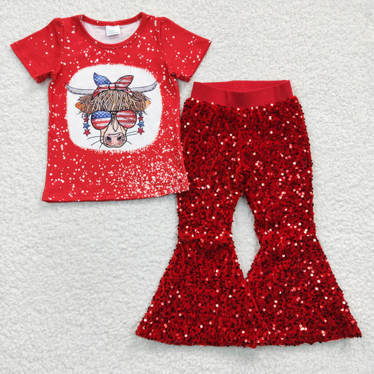 July 4th Baby Girl Western Cow Short Sleeves Shirt Red Sequins Pants Outfit