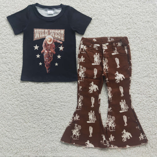 Baby Girl Western Rodeo Short Sleeves Shirt Denim Pants Jeans Outfit