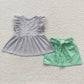 A9-22 Baby Girl Short Sleeves Striped Woven Tunic Pocket Green Shorts Summer Outfit