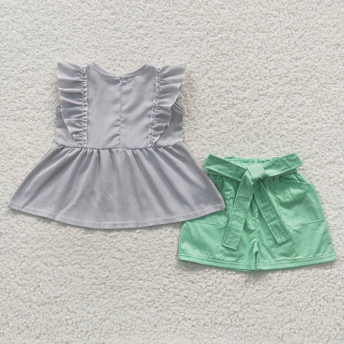 A9-22 Baby Girl Short Sleeves Striped Woven Tunic Pocket Green Shorts Summer Outfit