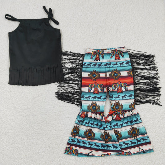 Baby Girl Western Tassel Black Top Tassel Bell Pants Outfit