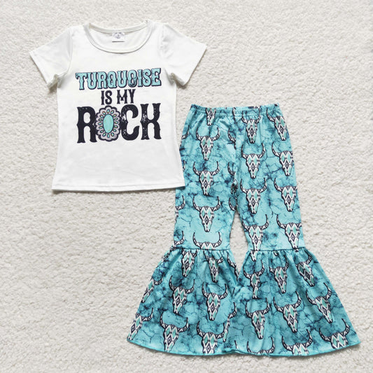 GSPO0545 Baby Girl Short Sleeves Turquoise Shirt Western Cow Print Bell Pants Outfit