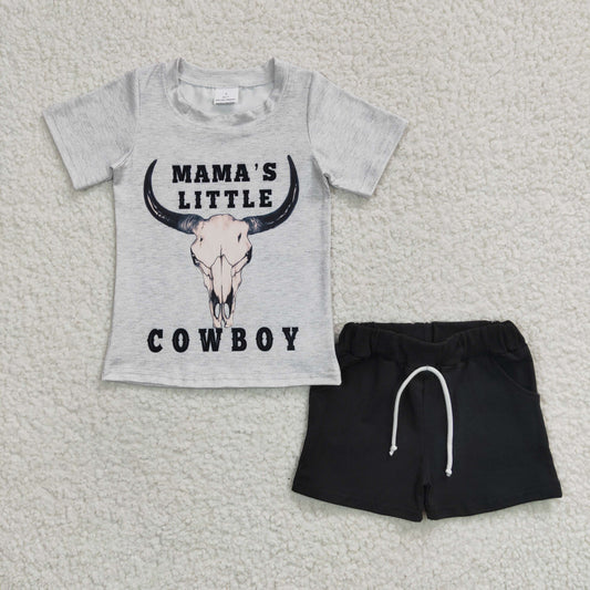 BSSO0192 Summer Short Sleeves Mama's Little Cow Boy Shirt Black Cotton Shorts Outfit