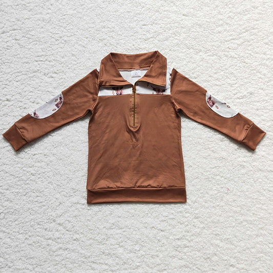 BT0104 Kids Baby Boy Western Cow Brown Pullover Zipper Cotton Top