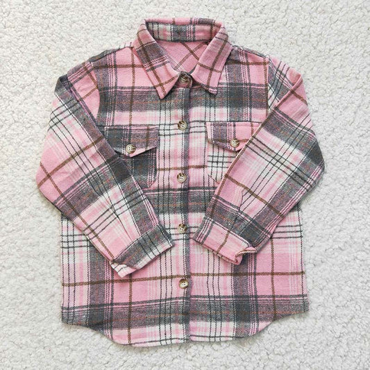 GT0094 Baby Girl Kids Plaid Cotton Pocket Flannel Pink Button Up Shirt