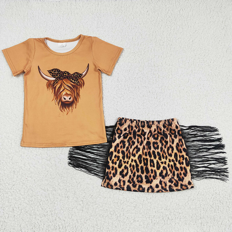 GSD0301 Baby Girl Western Cow Tassel Leopard Skirt Summer Outfit